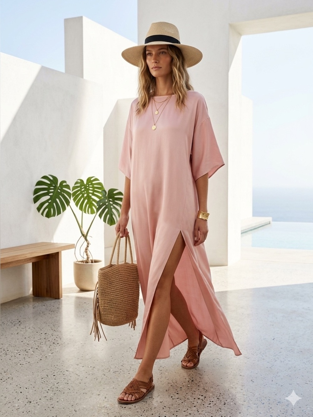 Paul & Joe powder pink satin short-sleeve maxi dress - size FR 44 (Large) NWOT
